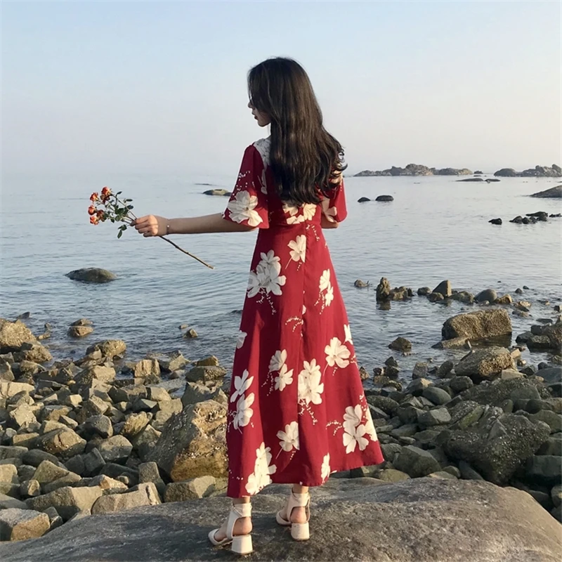 2019 весна лето новые женские длинные платья с принтом винтажные корейские длинным