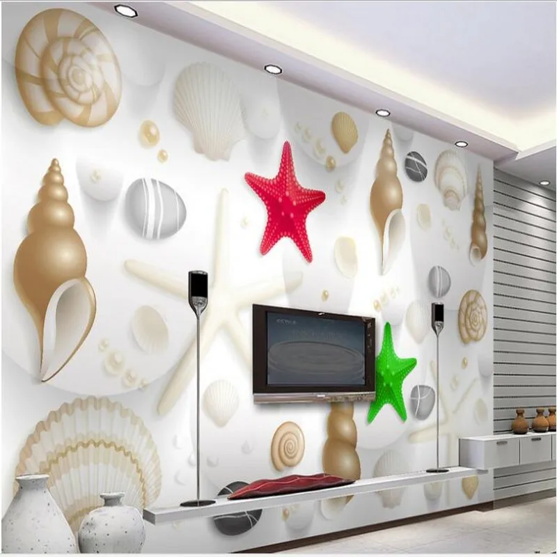 

wellyu Custom large - scale murals Starfish Conch shells 3D living room TV sofa background wall wallpaper papel de parede