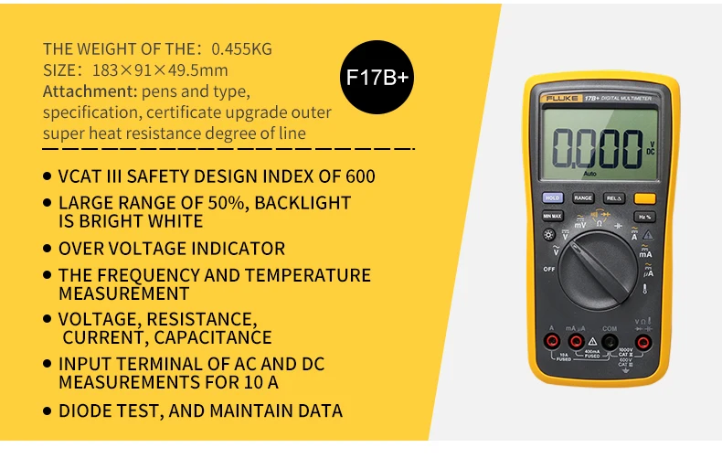 FLUKE 17B+ цифровой мультиметр AC/DC Напряжение Ток Емкость Ом тестер температуры Авто/ручное измерение диапазона