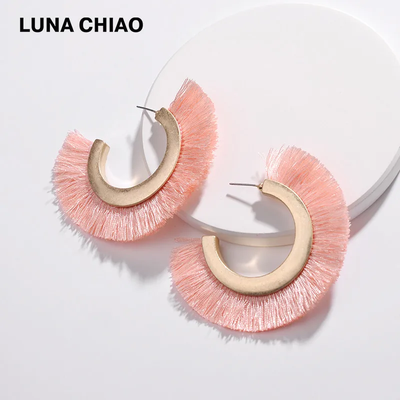 LUNA CHIAO осень зима стиль 7 цветов C круг изношенный Золотой Металл бахрома кольцо с кисточкой серьги для женщин - Окраска металла: Pink