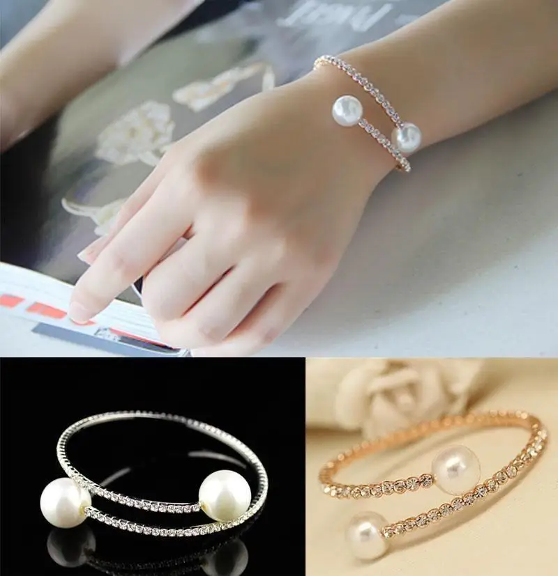 

Fashion Women Girls Pearl Bracelets Luxury Crystal Trendy Hoop Double Pearl Bracelet Party Jewelry Romantic