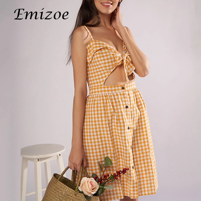 Emizoe 2018 Мода Винтаж Платье в клетку для женщин Повседневное лук кнопка спереди