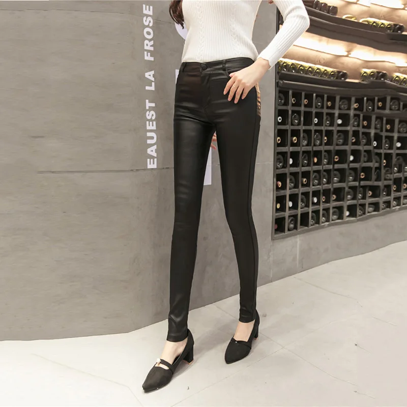 Women Autumn Winter Leather Pants Fashion Black Elastic Push Up Ankle-Length Leggings High Waist PU Skinny Pencil Trousers | Женская