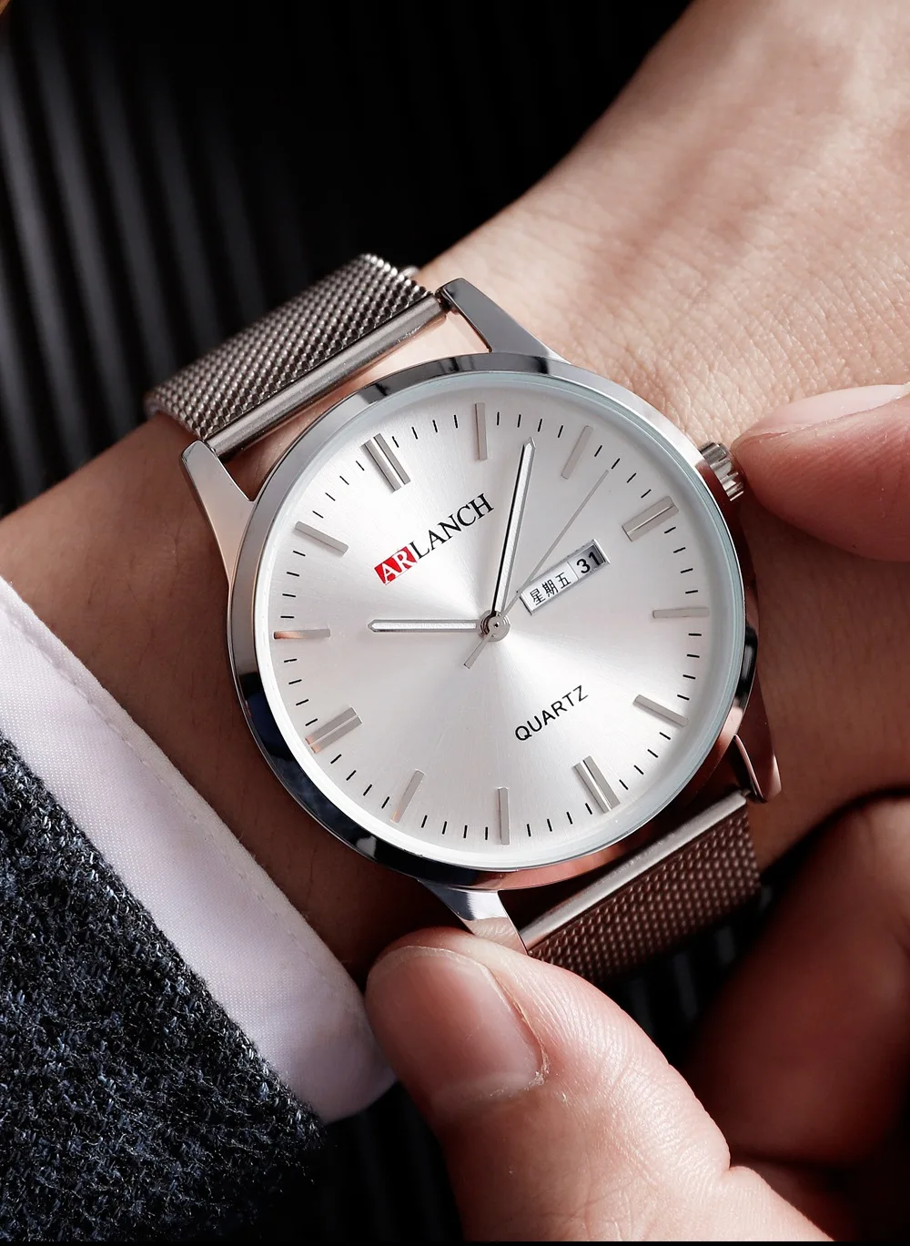 Men's Week Calendar Double Display Quartz Waterproof Watches Stainless Steel Net Belt Business Wristwatch Relogio Masculino | Наручные