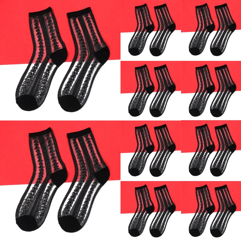 10pairs-lace-stripe 10 пар в партии женские носки летние женские короткие сетчатые Носки Прозрачные эластичные винтажные кружевные носки черные белые женские носки - Цвет: 10pairs-lace-stripe