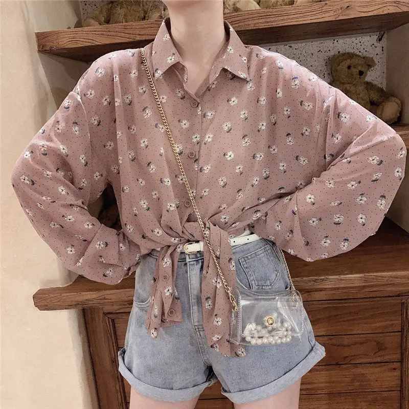 Женская блузка с длинным рукавом осенняя винтажная цветочным принтом на