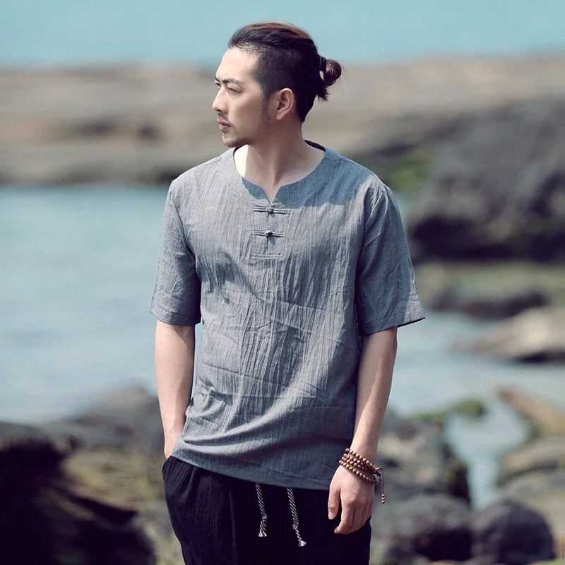 Рубашка Мужская льняная в восточном стиле традиционная китайская одежда крыла