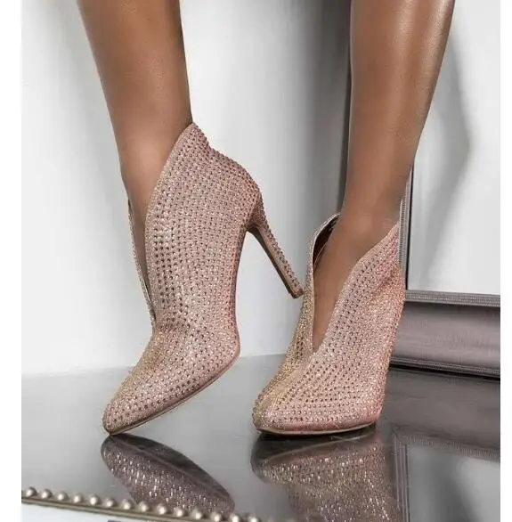 

EMMA KING Rihana 2019 Solid Women High Heels Ankle Boots Autumn Winter Pointed Toe DEEP V GLITTER SEXY HEEL BOOTIE