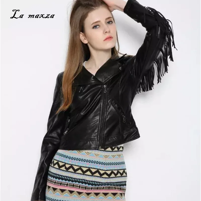 Женская байкерская куртка осенняя кожаная с кисточками 2020|Женские куртки| |