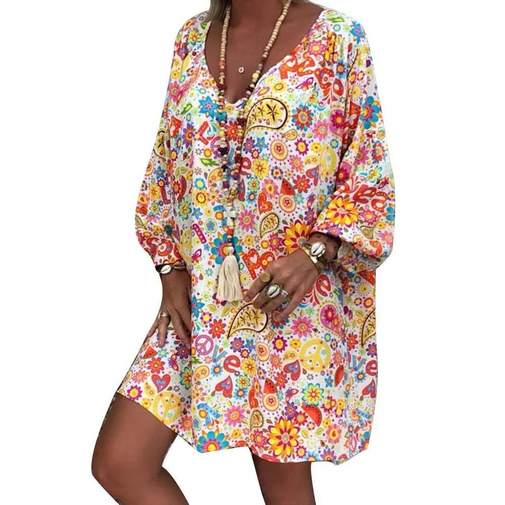 Женское свободное мини-платье с длинным рукавом и v-образным вырезом для