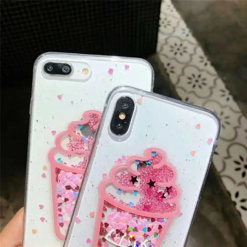 Блестящие чехлы для телефонов iPhone X XR XS MAS 6s 7 8 Plus розовые с рисунком мороженого |
