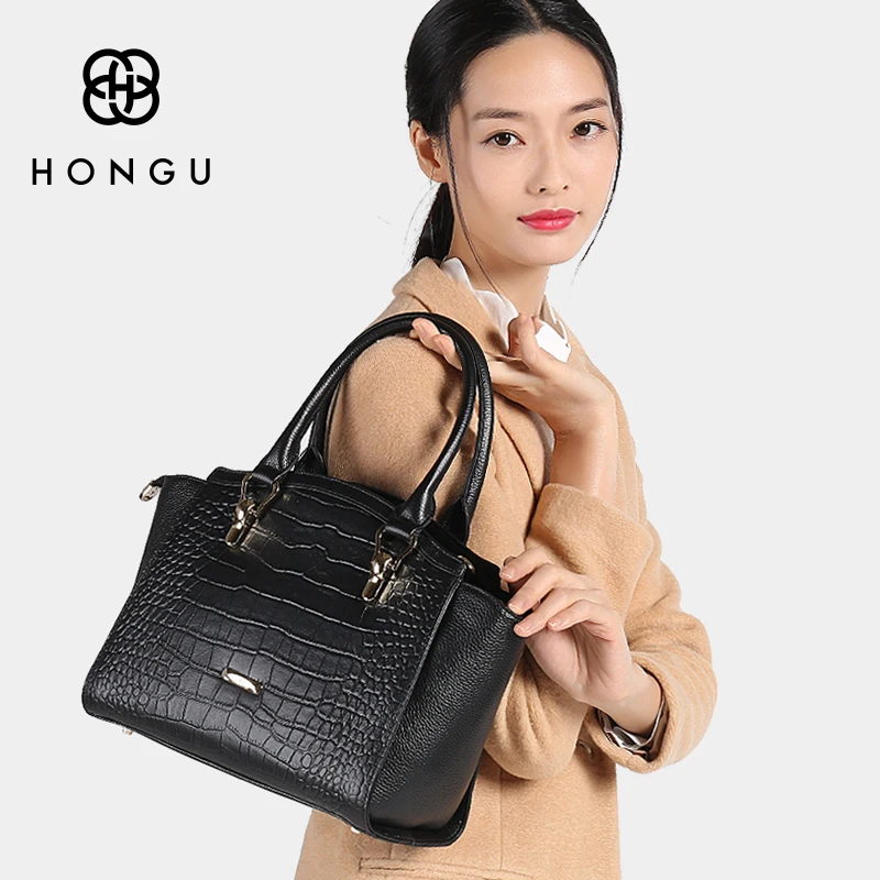 HONGU верхний слой коровья кожа женские сумки сумка на плечо тоут с крокодиловым