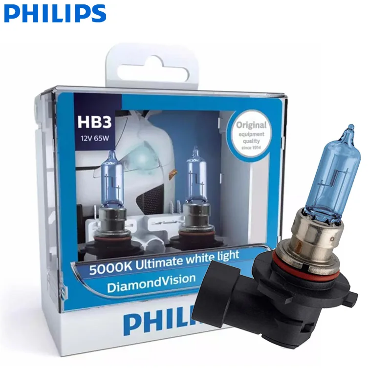 9005(HB3) Philips Diamond Vision H1 H4 H7 H8 H11 9005 9006 HB3 HB4 12V DV 5000K холодный белый светильник, автомобильный галогенный головной светильник, противотуманная фара(двойной - Испускаемый цвет: 9005(HB3)