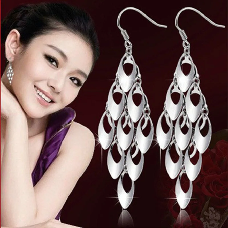 

KOFSAC New Charm 925 Sterling Silver Earrings For Women Peacock Tail Exaggerated long tassel Eardrop Earring Girl Fine Jewelry