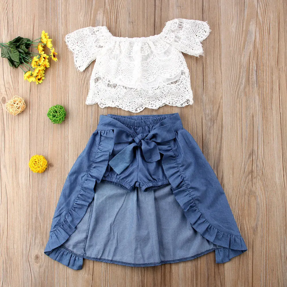 

girl Set 3pcs Summer Girl Kid Lace Off-shoulder 2019 Casual T-shirt Top Pants Princess Skirts Party Outfits