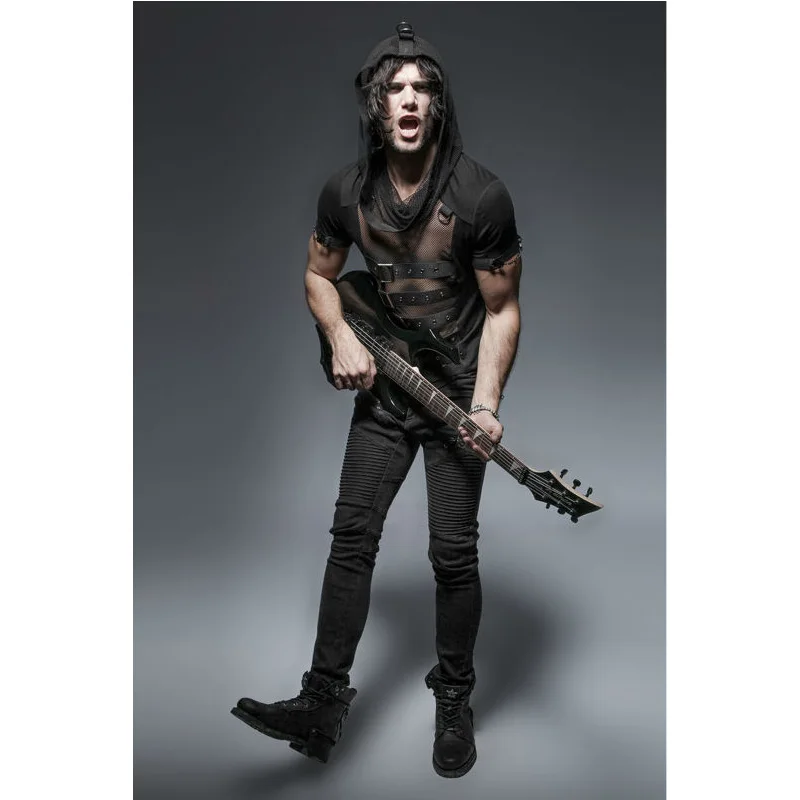 Новинка 2017 года Панк Rave Мужская Рок Черный уличной моды сетки пикантные Футболка