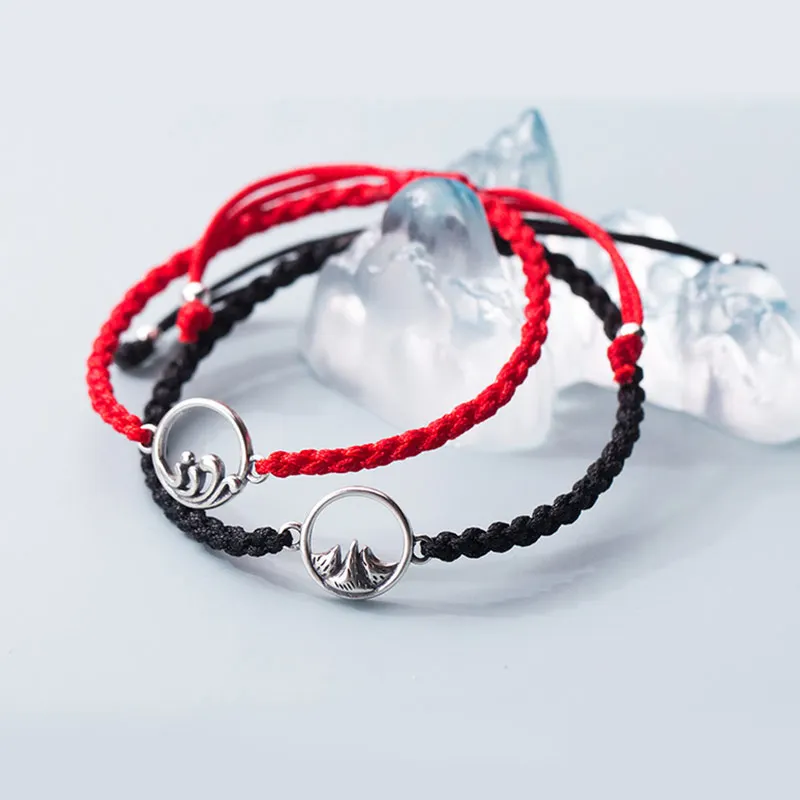 

925 Sterling Silver String Rope Bracelet Mountain Range Sea Wave Handmade Red Thread Bracelets For Women Men Couple Jewelry