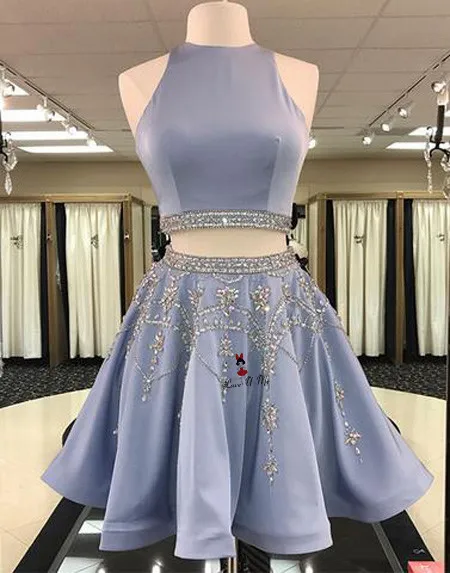Blue Luxury 2 Piece Cocktail Party Dresses Crystals Satin Short Prom Dress 2017 Homecoming Vestidos de Festa Curto Tank | Свадьбы и