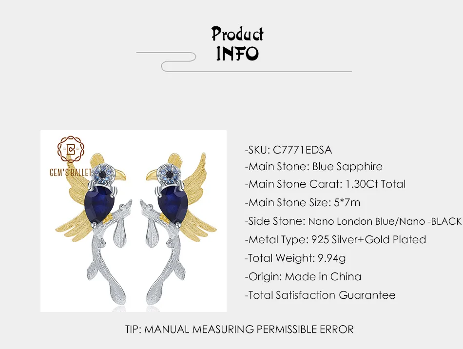 GEM'S BALLET 1.30Ct натуральный сапфир ручной работы милые серьги-гвоздики в виде птицы 925 пробы Серебряные Серьги с драгоценными камнями для женщин Свадебные