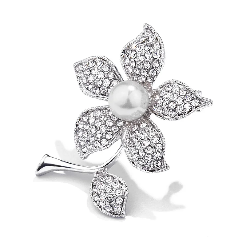 New Elegant White Crystal Rhinestone Flower Brooch Pin Fashion Wedding Bride Bridesmaid Simulated-pearl Brooches Pins Jewelry | Украшения и