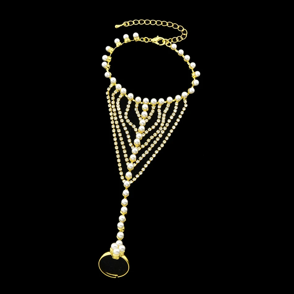 Feelshine Boho Slave Bracelets Gold Color Simulated pearl Chain With Full Rhinestone with Finger Luxury Brand Women|slave bracelet|bracelet