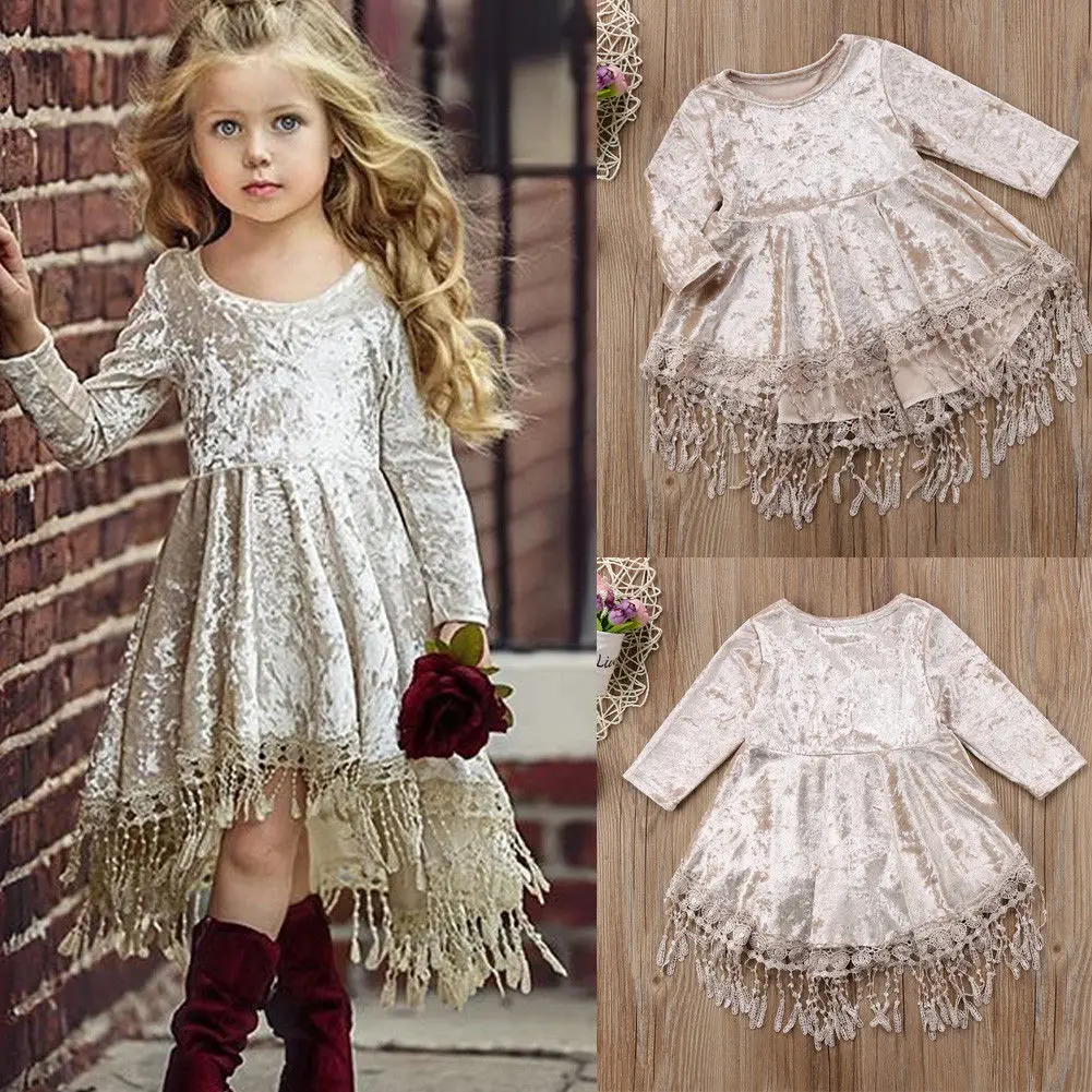 Vintage Princess Kids Baby Flower Girls Dress Velvet Tassel Party Gowns | Детская одежда и обувь