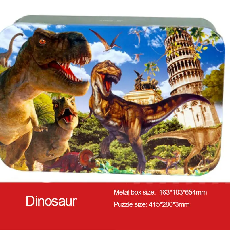 Dniosaur-200pcs Монтессори деревянная настольная игра-головоломка штук с металлической коробкой 60/100/200 шт. Juguetes IQ образования детей 3 лет с принтом Бэтмена из мультфильма животное - Цвет: Dniosaur-200pcs