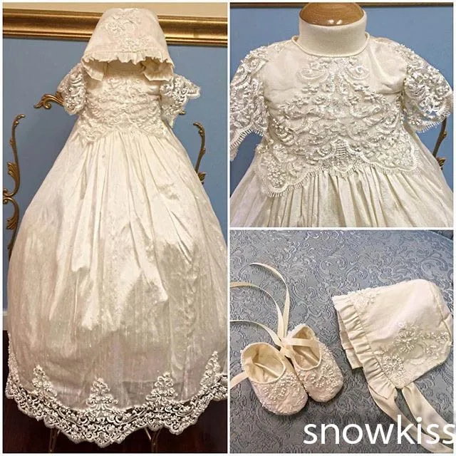 Детский чепчик для крещения с бисером и жемчугом платье кружевной аппликацией