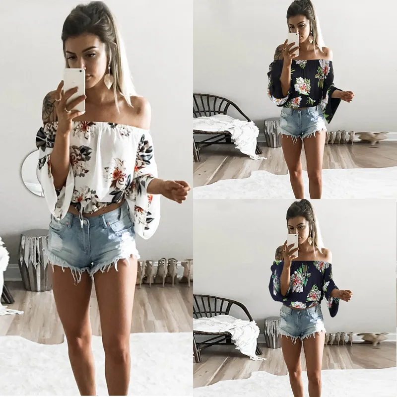 

A T-shirt With A Collar Womens Tops And Blouses Shoulder-exposed Print Shirt