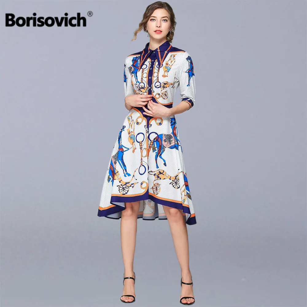 Borisovich, женское летнее Повседневное платье, бренд, модное, винтажное, с принтом, длиной до колен, женское, элегантное платье-рубашка, платья N1117