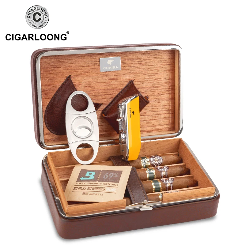 COHIBA Коричневый кожаный сигарный хьюмидор чехол из кедрового дерева чехол для сигар Humidor с зажигалкой резак увлажнитель подарочный набор CLA-B0052