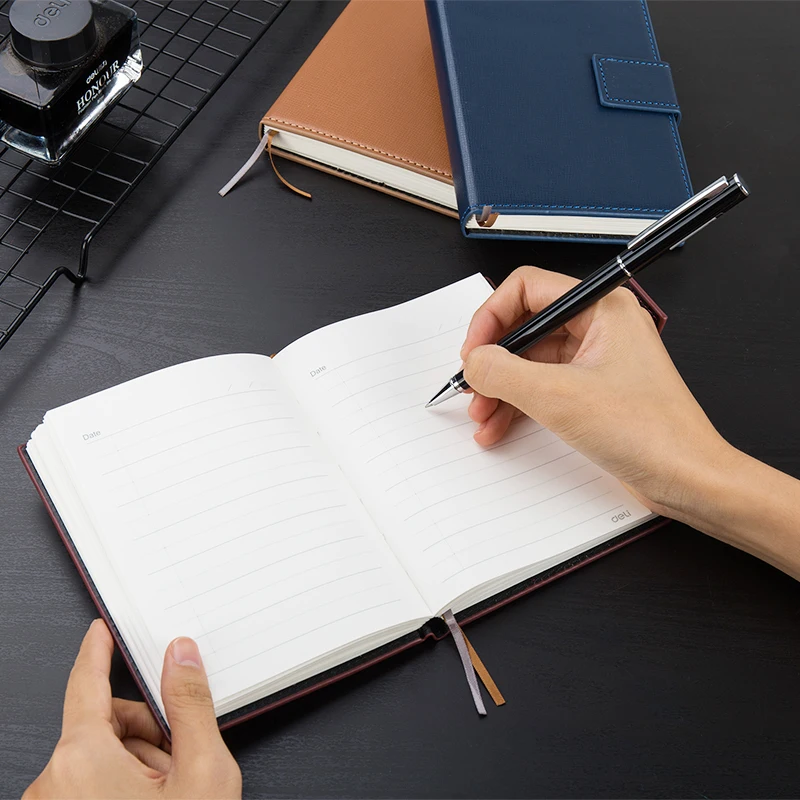 

Deli business 25k notepad retro good quality leather notebook a pen simple notebook Planner School Office Stationery Supplies