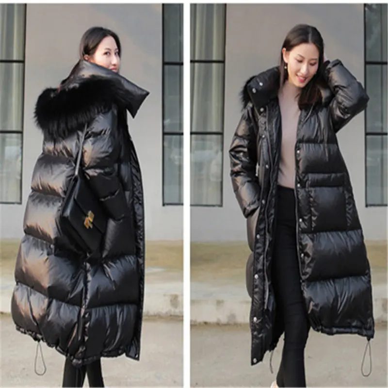 2019 New Korean Version of Loose Blcke  Shiny Large Fur Collar Down Jacket Thickened Over the Knee in the Long Down Jacket 774