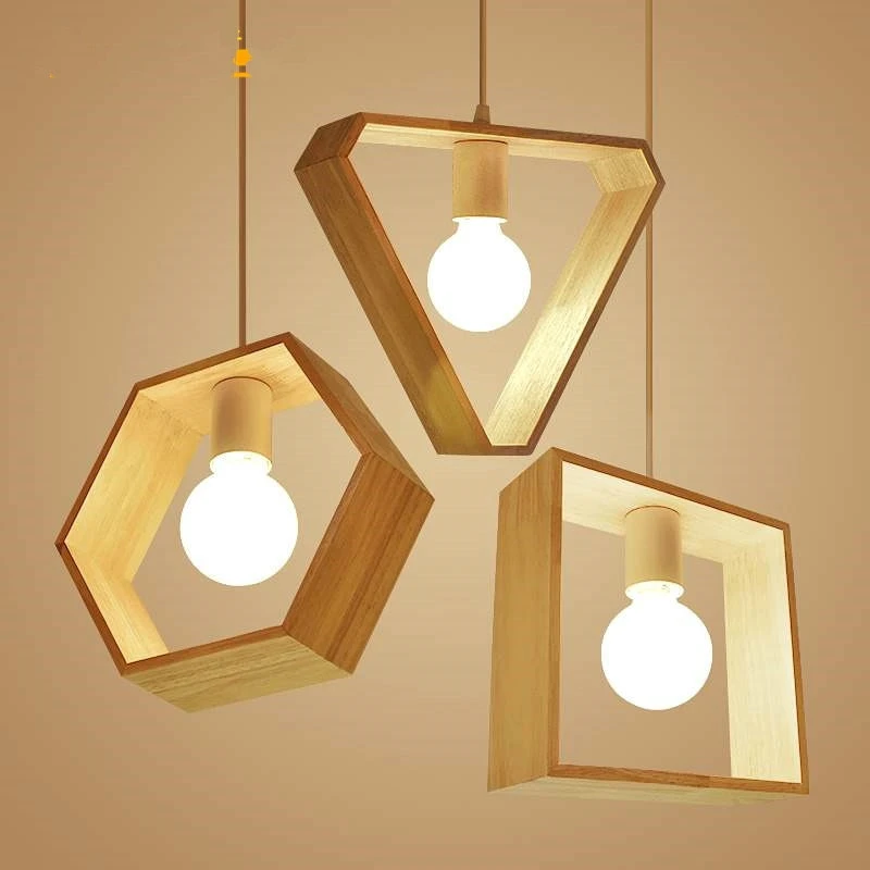 Nordic style geometric solid wood creative pendant lights for kitchen island dining room bedroom corridor aisle wooden lamp | Лампы и