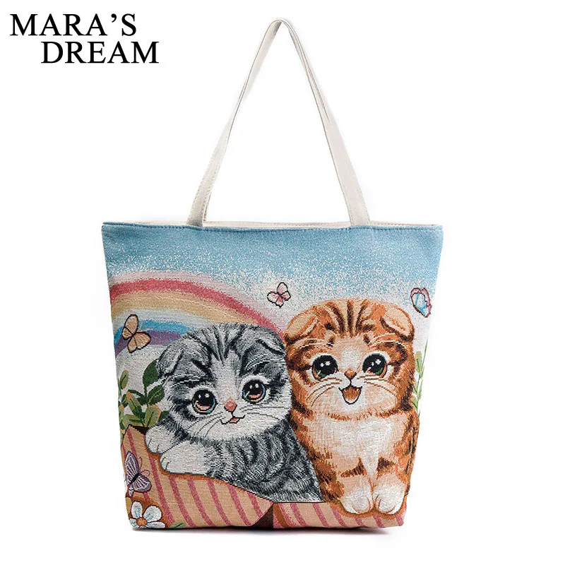 Сумка Mara's Dream Женская холщовая сумка на плечо с мультяшным принтом кота женская