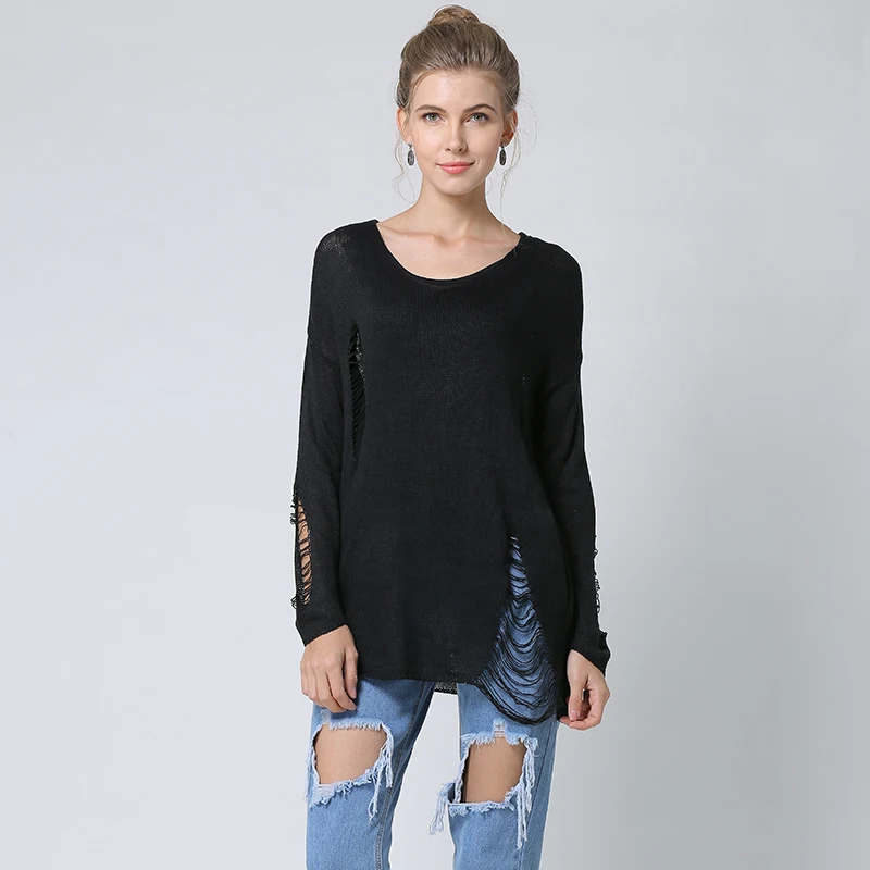 Chictorso Long Sleeve Ripped Jumpers Sexy Women Sweater Pullovers Spring Cut Out Knitted Casual Summer Sweaters Black 2018 New | Женская