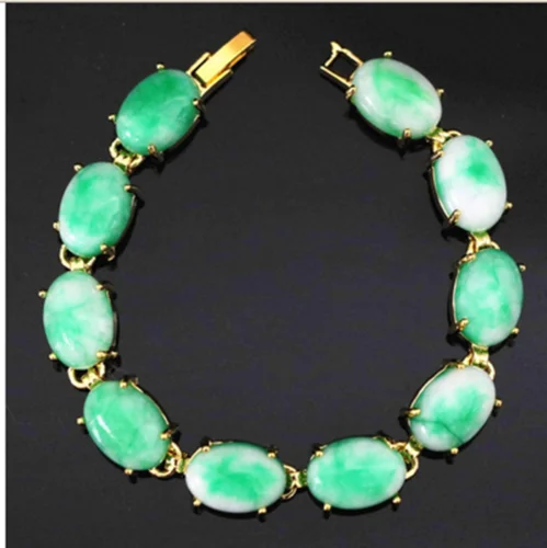 Браслет с цепочкой золотого цвета и натуральным зеленым камнем жадеит 7 5 дюйма |