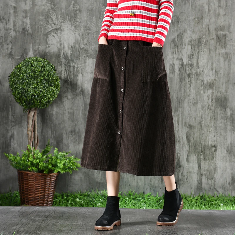 Однобортная однотонная Вельветовая юбка трапециевидной формы с карманами в