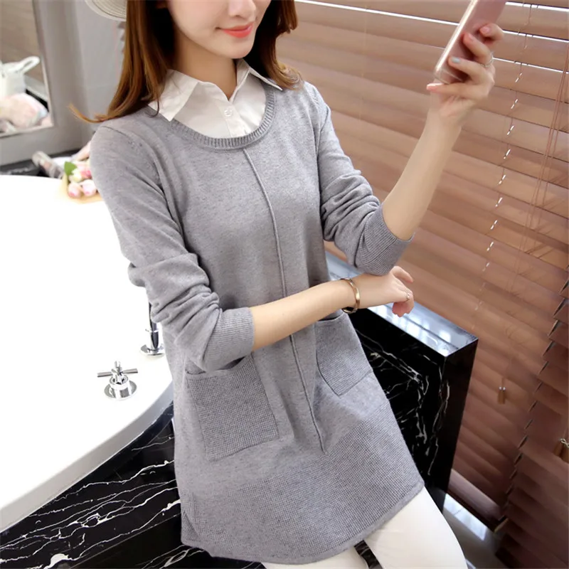 2019 Autumn New Loose Women Pullover Sweater Long Section Fake Two Shirt Collar Knitwear Jacket A1818 | Женская одежда