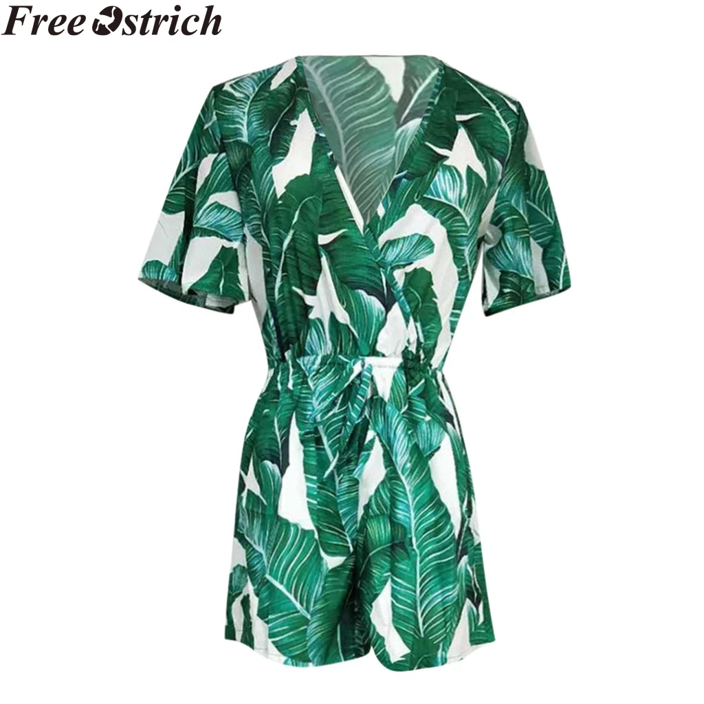 Summer short romper Women jumpsuit leaf print plus size playsuit high waist lace up Ladies sleeve casual | Женская одежда
