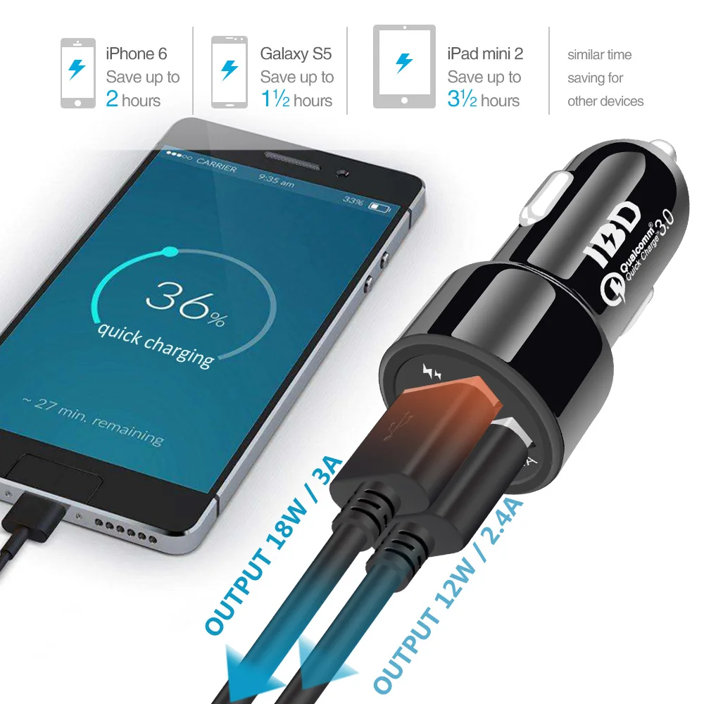 Автомобильное зарядное устройство Qualcomm Quick Charge 3 0 с двумя usb портами для телефонов