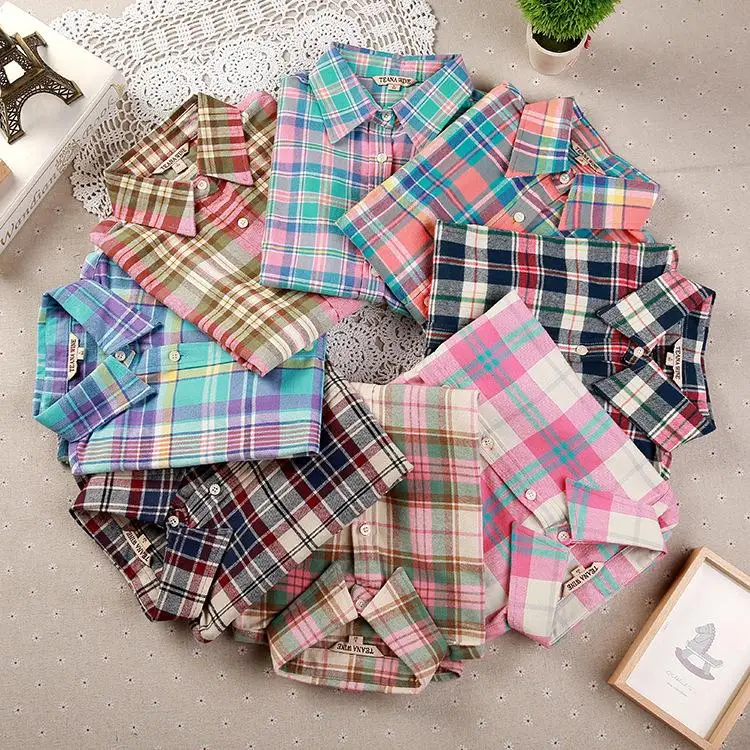 Осень зима 2015 женская рубашка в шотландскую клетку с длинным рукавом