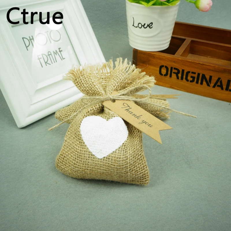 

50pcs/lot 10*14cm Hessian Burlap white heart Bag Jute Gift Bags candy bag with thank you tag wedding gifts for guests