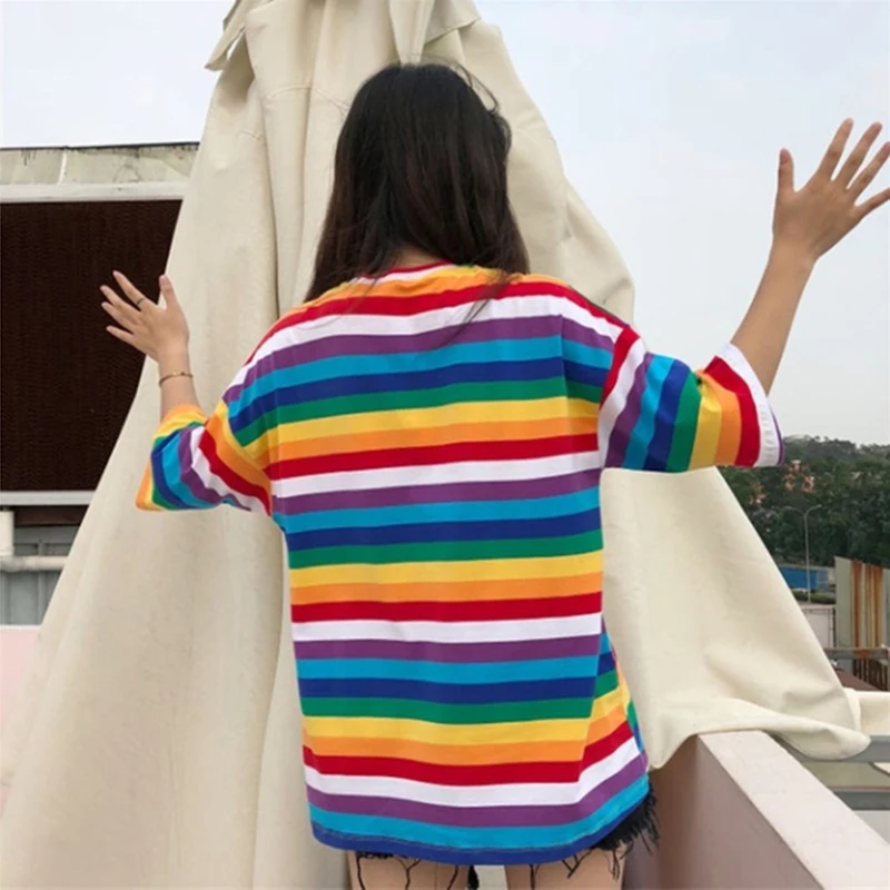

New T-Shirt Women Rainbow Striped Tops Harajuku Tops Tees Summer Short Sleeve Korean Punk T Shirt Camiseta Feminina 2C0146