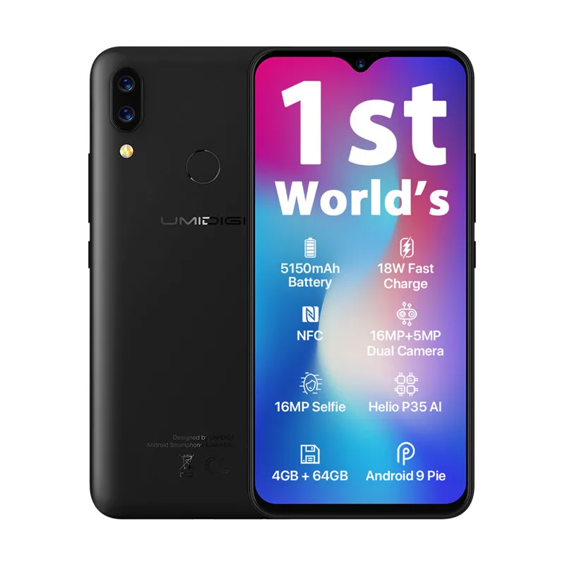 Черный UMIDIGI power 6,3 ''экран капли воды смартфон 4 Гб 64 Гб Helio P35 Восьмиядерный Android 9,0 Dual SIM 16 МП Глобальный 4G мобильные телефоны - Цвет: Черный