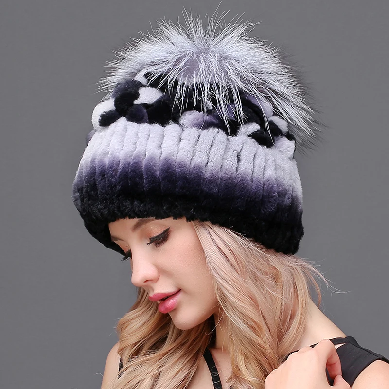 Новое поступление теплые шапки из меха кролика Рекс женская зимняя вязаная