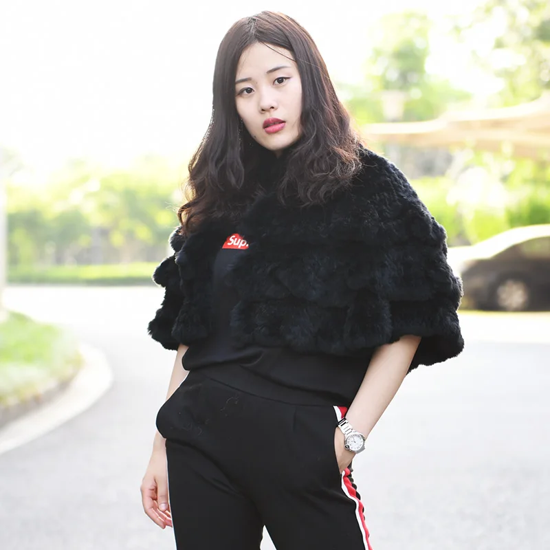 CX-B-19 2018 Real Women Fashion Style Knitted Shawl Ladies Rabbit Fur Cape | Wraps