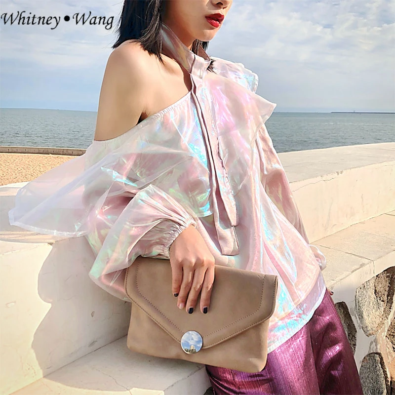 WHITNEY WANG 2018 Осенняя модная Уличная Сексуальная блуза на бретелях с открытыми