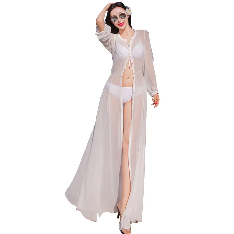 Женское прозрачное пляжное платье Boho белое шифоновое однобортное с длинными