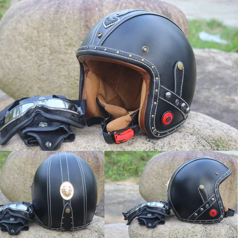 Vcoros кожаные винтажные мотоциклетные шлемы 3/4 с открытым лицом для скутера ретро